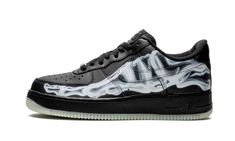 The Nike Air Force 1 Low “Skeleton - Black” is a spooky rendition of the venerable low-top design.  The “Skeleton” Air Force 1 in black is a follow up to the popular all-white leather colorway that was released a year earlier to celebrate Halloween in 2018.  Here, the “Skeleton” Air Force 1 features the same festive glow-in-the-dark Halloween vibe with a graphic of the bones of the foot adorning the sides of the upper.  Sporting a nighttime-appropriate black leather base, the stealthy upper feat Nike Bandana, Custom Dickies, Nike Shoes Custom, Cortez Nike, Custom Vans Shoes, Pants Custom, Nike X Travis Scott, Converse Custom, Air Force 1 Sneakers