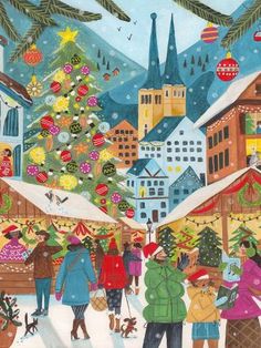 a painting of people walking in the snow with christmas decorations on trees and buildings behind them