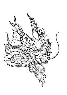 a black and white drawing of a dragon's head with flames coming out of it