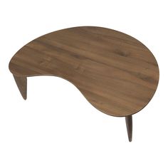 an oval wooden table with two legs and a curved design on the top, against a white background