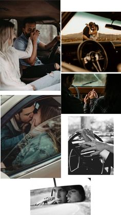 a collage of black and white photos with people in the car, one man talking on his cell phone