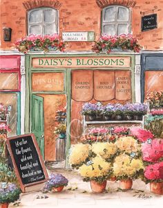 a painting of a flower shop with potted flowers and a sign that says daisy's blossoms