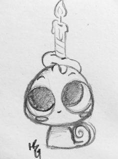 a drawing of a cartoon character with a birthday candle on it's head and eyes