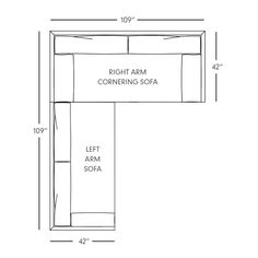 a drawing of the right arm corner and left arm sofa with measurements for each side