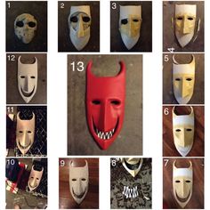 several masks with different facial expressions are shown in multiple pictures, including one showing the mouth and nose