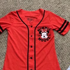 Disney Jersey Style Shirt, Red With Black Trim And Print, Size Medium, Minnie Mouse, Never Worn Red Disney Outfits, Disney Jersey, Red Disney, Grey Trench Coat, Adidas Track Suit, Jersey Style, Compression Pants, Disney Tops, Stitch Disney