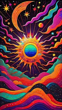 a painting of the sun and moon with colorful clouds