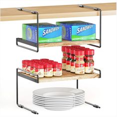 two shelves holding plates, bowls and containers with sandwhiches on them next to each other