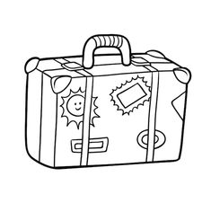 a black and white drawing of a suitcase with cartoon faces on the front, side view