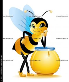 a bee standing next to a honey pot with the caption's description below