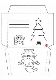 an envelope with a christmas tree and presents on it, cut out from the inside