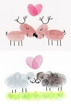 two drawings of sheep with hearts in their mouths