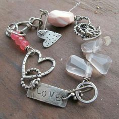 Valentine Bracelets, Zombie Jewelry, Hearts Jewelry, Silver Heart Bracelet, Homemade Jewelry, Silver Charm Bracelet, Pink Gemstones, Stamped Jewelry, Pink Bracelet