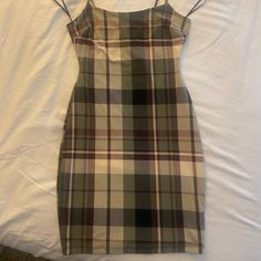 Unworn Windsor Dress, Olive And Burgundy Plaid Fitted Plaid Dress For Date Night, Fitted Plaid Mini Dress For Date Night, Fitted Plaid Dress For Night Out, Spring Plaid Dress For Night Out, Plaid Dress For Night Out In Spring, Plaid Mini Dress With Lining, Plaid Lined Mini Length Dress, Plaid Lined Mini Dress, Lined Plaid Mini Dress