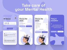 three mobile screens with the text take care of your mental health choose the cause to emulate