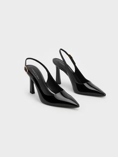 Black Patent Trapeze Heel Slingback Pumps - CHARLES & KEITH US Charles And Keith Heels, Charles And Keith Shoes, Charles And Keith, Elegant High Heels, Heels Outfits, Faux Leather Heels, Pointed Heels, Charles Keith, Slingback Pump