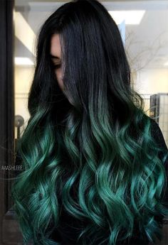 Black Hair With Green Peekaboos, Hunter Green Hair Color, Dark Hair With Dark Green Highlights, Emerald Green Highlights In Black Hair, Forest Green Hair Highlights, Dark Brown And Dark Green Hair, Long Black And Green Hair, Ombré Green Hair, Brunette With Green Highlights