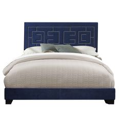 Fabric Eastern King Bed with Geometric Pattern Nailhead Trims, Blue - BM218459 Cama Queen Size, Eastern King Bed, Dark Blue Velvet, Cama King Size, Blue Panels, King Platform Bed, Queen Panel Beds, Cama King, Kids Headboard