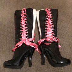 Never Worn Comes With Pink, Black And Red Satin Ribbon. Heel Aprox 4.5 Inches Gothic Angel, Shoe Inspo, Red Satin, Penthouse, Sock Shoes, Lace Up Boots, Satin Ribbon, Women's Boots, Pink Black