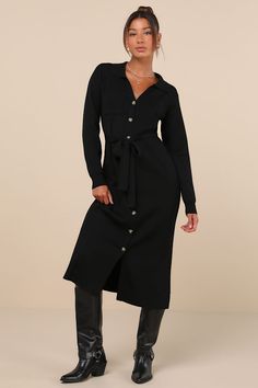 When it comes to autumn aesthetics we say the cozier the better, and that is why the Lulus Charming Comfort Black Collared Button-Up Sweater Dress is an optimal fall 'fit! This chic sweater knit dress starts with a classy collared neckline and long sleeves. A functional button placket and a front patch pocket accent the figure-flaunting bodycon silhouette that falls to a midi hem with twin side slits. A matching tying sash cinches at the waist for a perfect, adjustable fit! Fit: This garment fit Black Sweater Dress Outfit, Sweater Dress With Belt, Body Con Dress Outfit, Sweater Dress Outfit, Chic Sweater, Collared Sweater, Maternity Outfits, To Autumn, Fall Fit