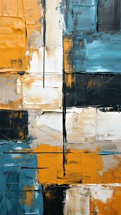 an abstract painting with blue, yellow and white colors