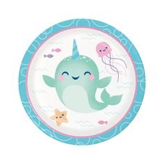 a paper plate with an image of a whale and jelly fish on it