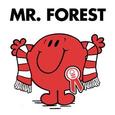 a red cartoon character holding up a ribbon with the words mr forest written on it