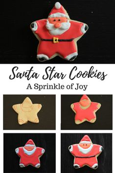 santa star cookies with the words, a sprinkle of joy on top and four pictures