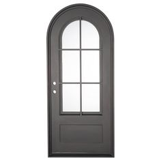 a black door with an arched glass