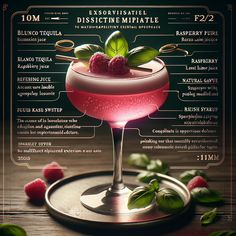 a cocktail with raspberries and mint on the rim is shown in this poster