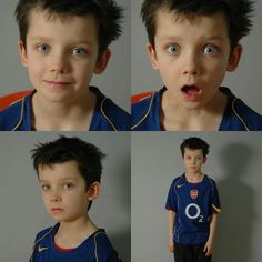 four pictures of a young boy making funny faces