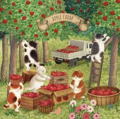 an apple farm scene with cats and apples