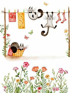 two cats hanging out on clothes line with flowers and butterflies