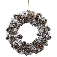 a christmas wreath with pine cones hanging from it