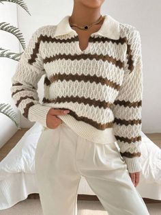 F00279049-205 Striped Knitwear, Pullover Women, Winter Pullover, Casual Sweater, Polo Sweater, Daily Dress, Casual Sweaters, Striped Sweater, Winter Sweaters