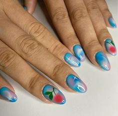 Blue Cherry Nails, Cherries Nails, Airbrush Background, Airbrush Tee, Cherry Background, Aura Blue, Semi Permanente, Blue Cherry