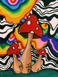 a painting of two mushrooms in front of an abstract background with swirls and colors