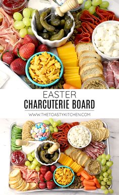 a platter filled with cheese, crackers and other snacks for an easter party