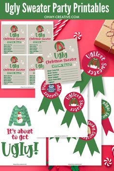 ugly sweater party printables for christmas and other holiday celebrations are on the table