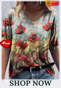 Floral Cotton Blends Loosen Casual Short Sleeve T-shirt Side Split Shirt, Floral Print Shirt, Short Sleeve Tunic, Floral Print Shorts, Ladies Tops Fashion, Floral Shirt, Womens Fashion Casual, Casual T Shirts, 3d Print