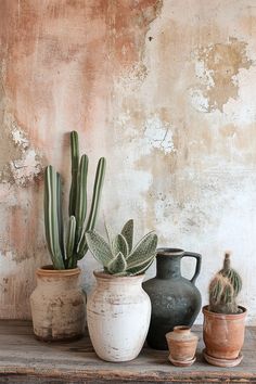 three vases and two cacti on a shelf in front of an old wall