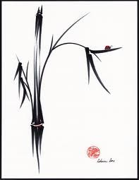 an ink painting of bamboo sticks and ladybug on white paper with black border