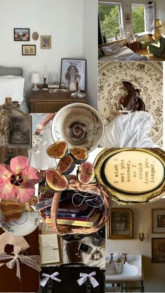 a collage of pictures with various items in them including plates, flowers and other things