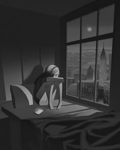 a person sitting on a bed in front of a window looking out at the city