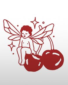 a red and white drawing of a cherries with a fairy on it's back