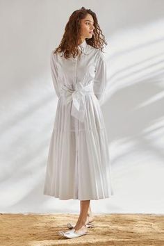 Shop for House of Three White Cotton Shirt Dress With Tie-up for Women Online at Aza Fashions Elegant White Dress With Tie Fastening, Chic White Shirt Dress With Tie Waist, White Shirt Dress With Tie Waist For Daywear, White Elegant Shirt Dress With Tie Waist, White Tie Fastening Midi Dress For Spring, White Midi Shirt Dress With Tie Waist, Shirt Collar Dress, White Cotton Shirt, Cotton Shirt Dress