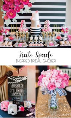 pink flowers and black and white stripes are on display at the reception table for an elegant bridal shower