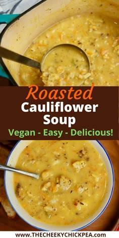 roasted cauliflower soup in a bowl with a spoon