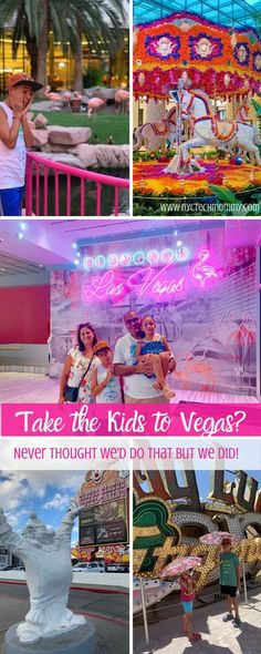 some people are standing around in front of an amusement park and there is a sign that says, take the kids to vegas?