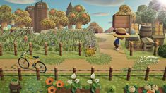 an animated image of a farm scene with a person in a hat and a bicycle